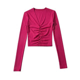 Fashion Women's Fashion Spring New Sexy Spice Girl Slim And Thin T-Shirt With V-Collar Pleated Long Sleeves-Outfit