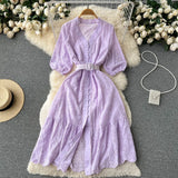 Korean Chic Elegant Pink V-neck Stitching Lace Hook Flower Waist Thin Bubble Sleeve Female Dress 2022 Summer