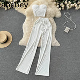 Women Solid Sexy Two Pieces Sets Summer Strapless Slim Camisole + Wide Leg Long Pants Sets Streetwear Two Piece