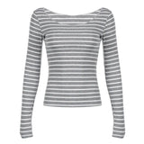 Toloer Stripe Color Long-Sleeved T-Shirt Women's Shoulder Foundation Versatile Slim Thin Bottom Top-Outfit
