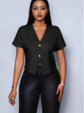 Solid Color V-Neck Metal Button Asymmetrical Sleeve