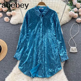 Blouse Shirts Long Sleeve Top Button Up Shirt Y2K Vintage Women Clothing Club Party Glitter Top Female Collared