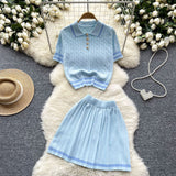New Knitted Shirt Two Sets Of Women Retro Short-Sleeved Top + High-Waisted Folded