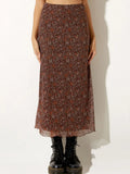 Vintage Y2k Floral Long Skirt Women Retro Print Mesh Patchwork Slim High Waist Elegant A-line Midi Skirt 90s