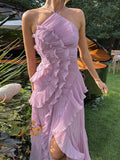 Summer Women's New Temperament Of The Famous Lotus Leaves Side Fold Hanging Neck Hanging Dress Dress Dress Dress