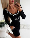 Winter Sexy Black Bubble Bead Round Neck Long Sleeve Bodycon