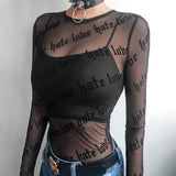 Toloer Letter Personality Print Perspective Sexy Mesh Long Sleeve T-Shirt Top Female-Outfit