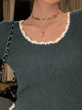 Contrast Color Trim Slim Long Sleeve Knit-Outfit