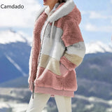 Winter Hooded Jacket Women 5X Plus Size Cotton jacket fashion Plush patchwork zipper pocket loose Long Sleeve Women Top