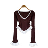 Striped Knitted Shirt Autumn Lotus Side Hem Horn Sleeves Slimmed Out Of The Bottom