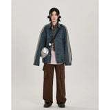 Spring Korean Casual Style Baggy Blue Stripes Denim Jacket Women's Fashion Streetwear Style Oversized Y2K Loose Jean Coat-Outfit