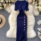 Solid Korean Vintage High Waist Women Dress Bodycon Sexy Stretch Knitted 2022 Summer Dresses Chic