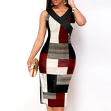Sexy Dresses Women Plaid Print Sleeveless Bodycon Dress Streetwear Ladies Casual V Ncek Knee Length Slim Dress