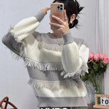 Winter New Round Collar Tassel Clip Retro Loose Fashion Foreign Style Sweater Bottom Sweater Female-Outfit