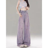 Purple High-Waisted Broad-Legged Jeans Women's New Broken Hole Hair Fall Trousers In Summer