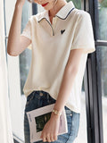 Toloer With Short-Sleeved T-Shirt Women 2025 Summer New Love Embroidery Collar Casual Slim Polo