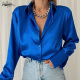 Vintage Korean Silk Shirts Satin Long Sleeve Blouses Women Blue Green Casual Loose Button Up Female Shirts Women Tops