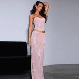 Pink Sequin Tube Top And Maxi Skirt Set-Outfit