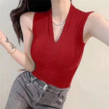 New Temperament V-Neck Sleeveless Thin Solid Threaded Vest Small Woman Body Inside The Coat