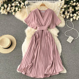 Pleated Dress Women Short Sleeve V Neck Solid A-line Dresses 2022 New Summer Chiffon Vacation Beach