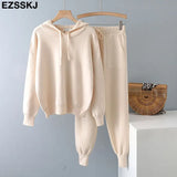 ins 2 Pieces Set Women Knitted Tracksuit hooded Sweater + Harem Pants Pullover 2021 Sweater Set CHIC Knitted hooded