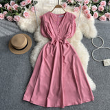 Toloer Fly Sleeve Dress Women's Summer New Design Sense V Collar Waist Show Thin Temperament Big Place French Fairy