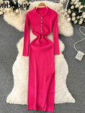 Autumn Knitted Dress Women Long Sleeve Elastic Waist Split Sweater Dress Ladies Party Sexy Warm Bodycon Maxi Long