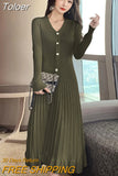 Korean Vintage V-Neck Single-breasted Long Sleeve Elasticity Midi Dress Women Casual Bodycon Skinny Knitted Ruffle