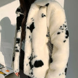 Small Cow Pattern Imitation Mink Fur Coat Female Short Thick Black and White Spotted Plush Coat Furry Faux Fur Coat Women