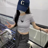 Toloer Girl Butterfly Print Short-Sleeved T-Shirt Female 2024 Summer Slim Slim Short Crop Student Top