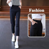 Women Pants Korean Style 2023 Summer New High Waist Slim Thin Crop Casual Solid Pockets Elegant Fashion Trousers-Outfit