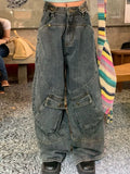 Washed Irregular Pocket Splice Cargo Jeans-Outfit