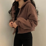 Deeptown Brown Kawaii Zip Up Crop Top Korean Style Zipper Sweatshirt 2021 Fashion Winter Warm Casual Hip Hop Long Sleeve