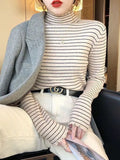 Toloer Half High Collar Striped Long Sleeve T-Shirt Bottom Shirt Women's New Autumn Ins Slim Wood Ear Inside The