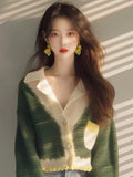 Toloer Year's Popular Beautiful Little Shirt Small Man Fashionable Loose Thin Green V Collar Knit Long Sleeve Open Shirt