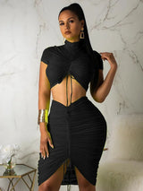 Green Yellow Sexy Two Piece Set Women Turtleneck Short Sleeve Crop Top+ Pleated Bodycon Dress Tracksuit 2 Piece Club - Black / S