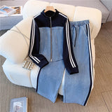 Zippered Cowboy Splicing Two Sets Of Spring And Autumn 2025 New Cowboy Splicing Long Sleeve Tops Wide Leg
