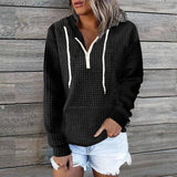 Toloer New Casual Home Wear Women's Zipper Hooded Bag Solid Color Waffg Long Sleeve Hoodie-Outfit
