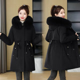 Pai To Overcome The Female Long 2024 New Korean Version Of Fashion Slim Cotton Clothes Winter Plus Velvet And Thick Down Cotton Padded Coat-Outfit