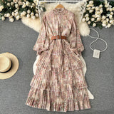 Collar Net Long-Sleeved Lotus Leaf Edge Printing Waist Fluffy Pendulum Dress Female Spring And Autumn Lantern Sleeve Cake Dress-Outfit