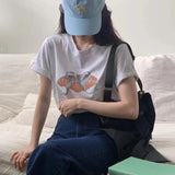 Toloer East Gate Spring Minority Age Reduction Round Collar Tie Bow Print Loose Versatile Short-Sleeved T-Shirt Top-Outfit