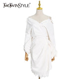 White Sexy Dresses For Women Boat Neck Long Sleeve Cold Shoulder Gathered Waist Mini Dress 2021 Summer New