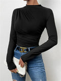 Solid Color Trim Bottom Shirt Folding Design Long-Sleeved T-Shirt Lady