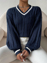 And Winter Temperament Hit The Color Of The Hangfang Sweater Loose V Collar Fashion Clad - Navyblue / S