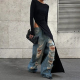 Black Asymmetrical Long Sleeve High Slit Top-Outfit