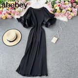Elegant Women French Style Platycodon Grandiflorum Fairy Ruffled Flare Sleeve Pleated Solid Long Dresses