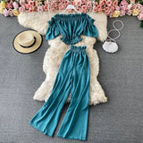 Summer Green/Black/Red Two Piece Set Women Sexy Slash Neck Short Tops + High Waist Wide Leg Pants Female Suit New