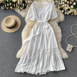Women Elegant Solid Dress Retro Short Sleeve V Neck A-line Dresses Summer Korean Streetwear Midi Long Dress