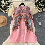 Folded Dress Women's Autumn 2025 Retro Collar Long Sleeves Loose A-Word Printing