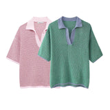 Summer New Women's Loose Knit POLO Shirt Top High Waist